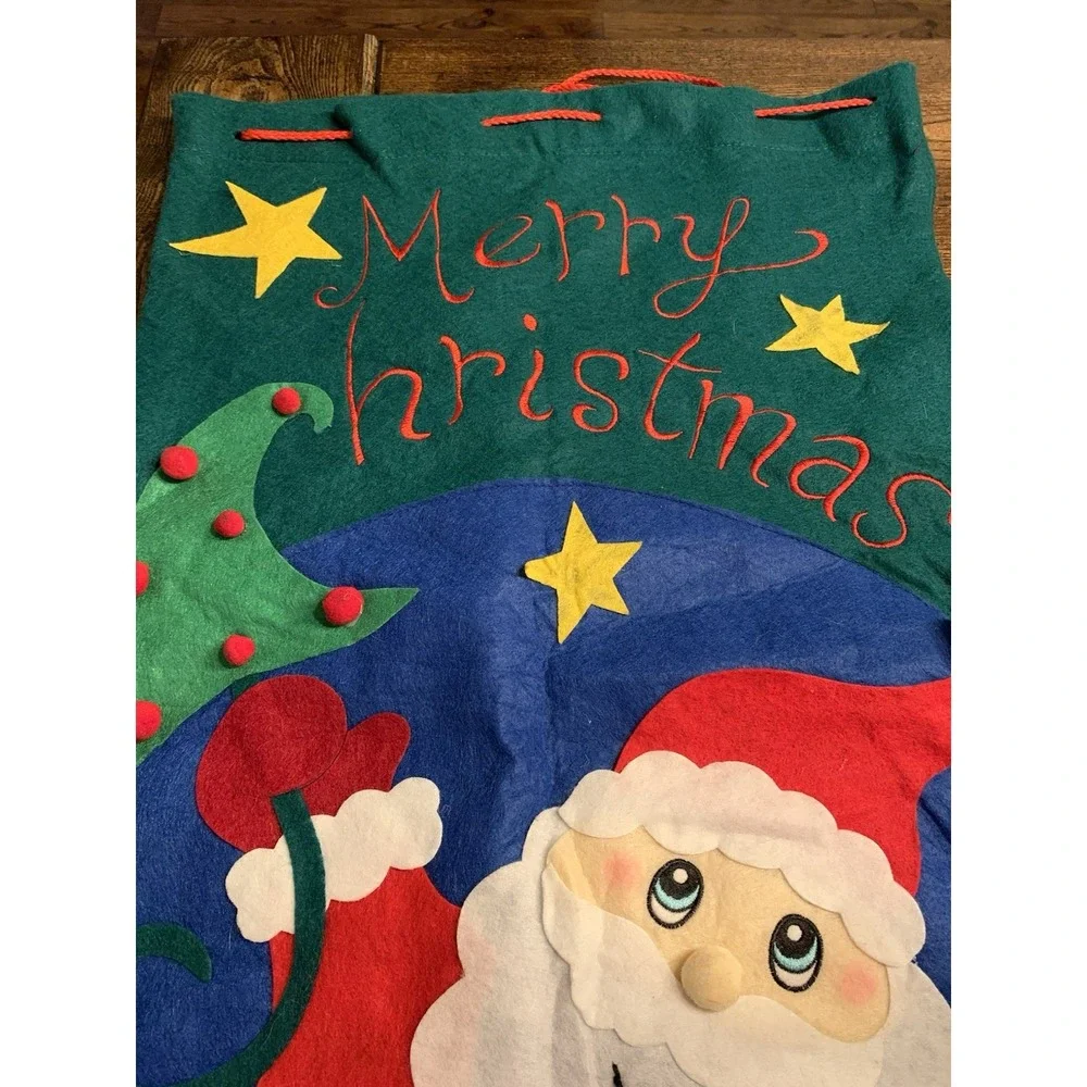 Vintage Felt Christmas Gift Bags Appliqué Drawstring 18‎ X 29